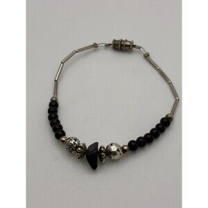 Silver Tone Onyx Chip Beaded 7” Bracelet Black Silver Tube Beads